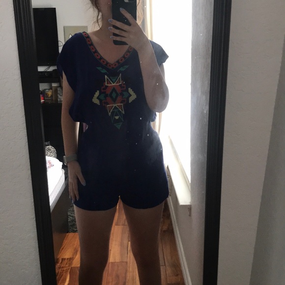 Royal blue romper with colorful embroidery - Picture 3 of 4